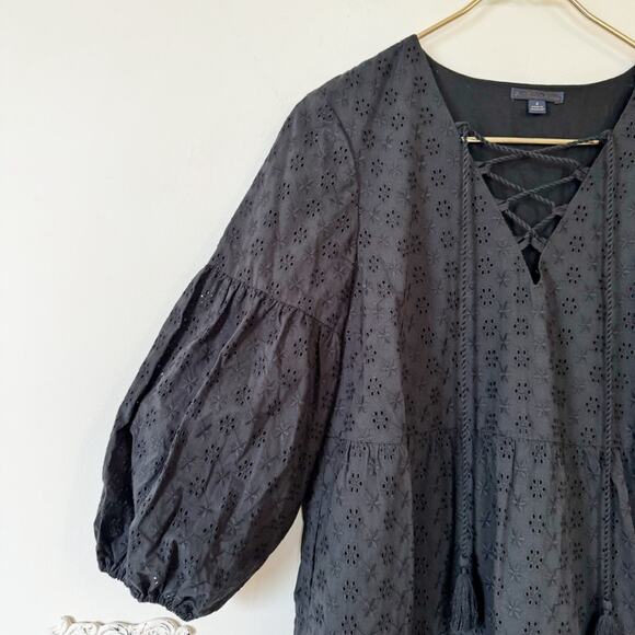 Brooks Brothers Black Daisy Eyelet Cotton Tiered Tassel Tie Neck Midi Dress 4 - Picture 5 of 10